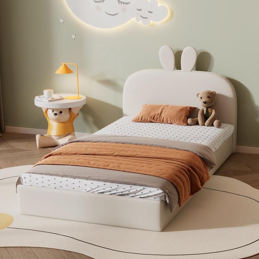 YJZQ Konijnenhoofdeinde gestoffeerd bed- kinderbed met houten latten- fluwelen stof- beige eenpersoonsbed-90x200cm