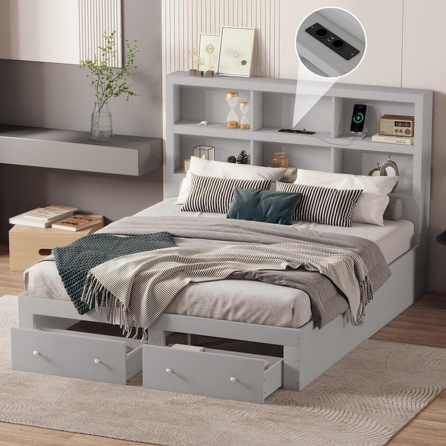 YJZQ Massief houten kingsize platformbed tweepersoonsbed van 160*200 cm met twee laden aan de voet van het bed hoofdeinde met opbergplank grijs