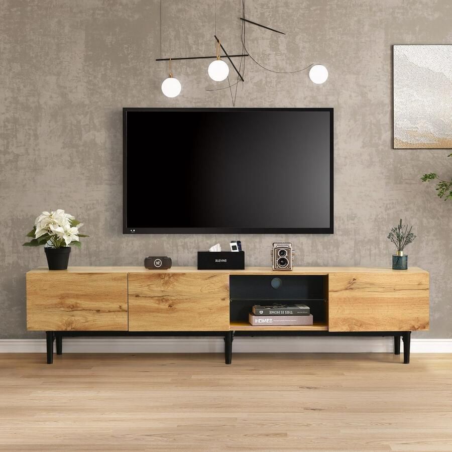 YJZQ Modern LED TV meubel Licht eiken TV meubel met variabele 7 kleuren LED verlichting MDF TV meubel met opbergruimte en open schappen voor woon- en eetkamer -175cm