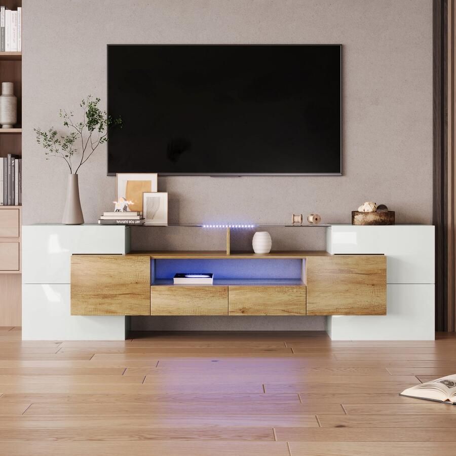 YJZQ Modern TV-meubel met LED-verlichting Hoogglans lowboard TV kast dressoir voor woonkamermeubels MDF-Wit en Naturel-Lengte 200 cm