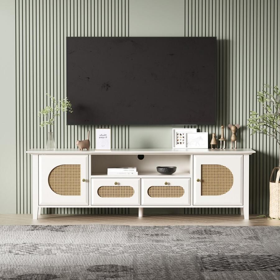 YJZQ Modern TV-meubel met opbergplanken en laden Rotan deuren Entertainment Center TV Media Console Tafel-TV-kast Meubilair voor woonkamer wit 160x38x50cm
