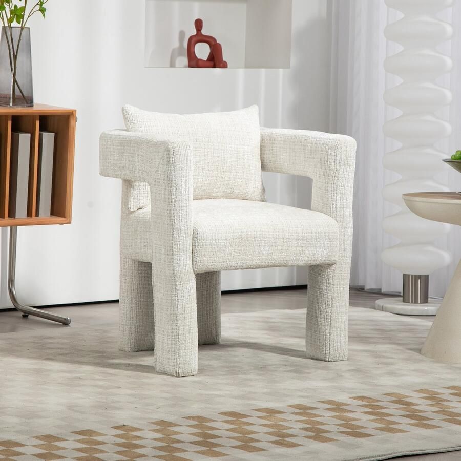 Gutent Fauteuil Beige Uniek ontwerp met holle armleuningen en Comfortabele kussens Moderne chenille single lounge stoel eetkamerstoel geschikt voor woonkamer eetkamer slaapkamer en kantoor