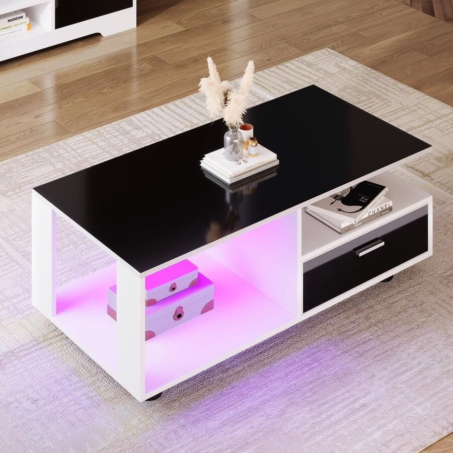 YJZQ Moderne LED salontafel met zwart hoogglans blad Rechthoekige salontafel met twee lades zwart en wit 110x38 5x55cm