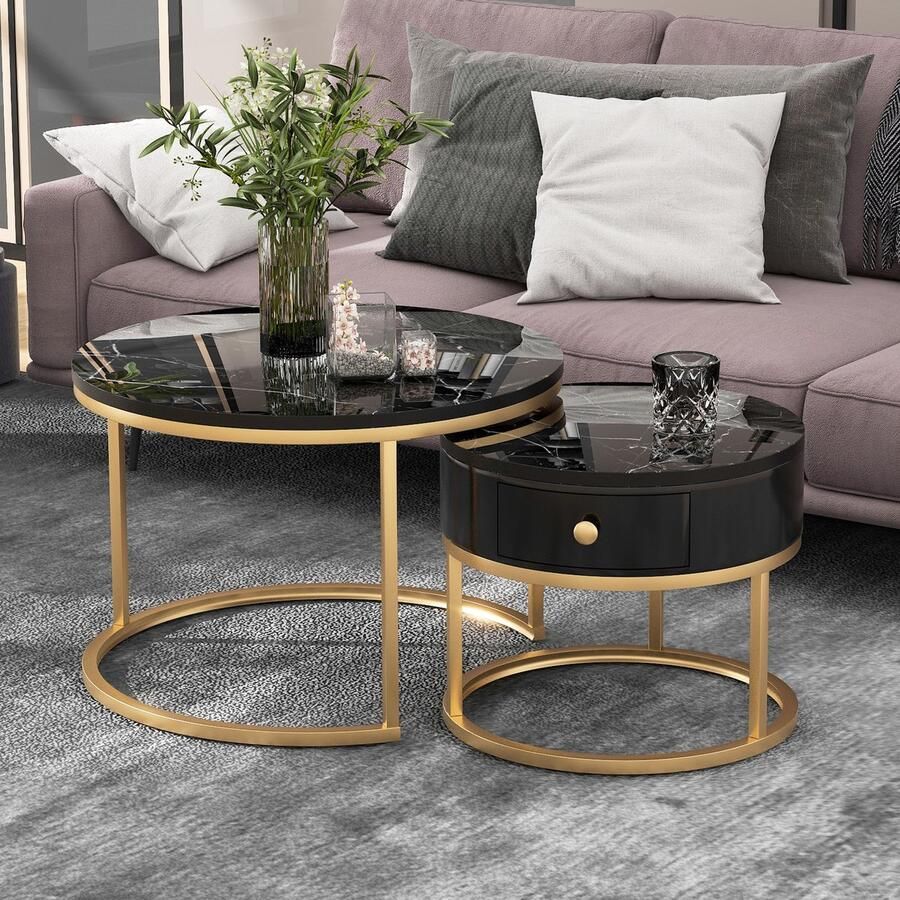 YJZQ Moderne ronde salontafel set van 2 PU hoogglans marmeren print salontafel met lade voor woonkamer balkon kantoor goud stevig metalen frame eenvoudige montage afmeting 70 cm en 50 cm zwart