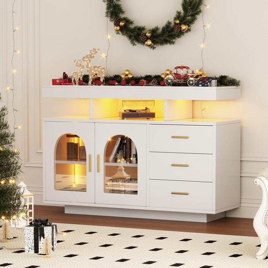 YJZQ Moderne witte Sideboard Buffetkast met led-verlichting Koffiebarkast met 3 lades Hoogglans keukenkast Sideboard voor eetkamer Woonkamer Lengte 120cm