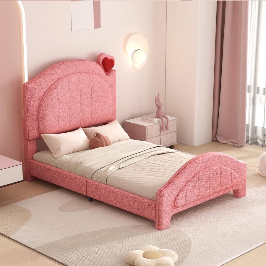 YJZQ Mooi gestoffeerd kinderbed in hoogte verstelbaar hoofdeinde teddybeerstof eenpersoonsbedden voor meisjes roze 90*200 cm