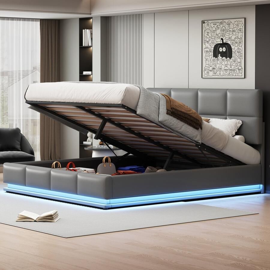 YJZQ Queen gestoffeerd led-verlichting bedframe 180x200cm hydraulisch hefbed met opbergruimte Pu leer platformbox Bed Tweepersoonsbed volwassenenbed grijs