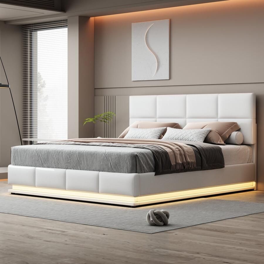 YJZQ Queen gestoffeerd led-verlichting bedframe 180x200cm hydraulisch hefbed met opbergruimte Pu leer platformbox Bed Tweepersoonsbed volwassenenbed wit