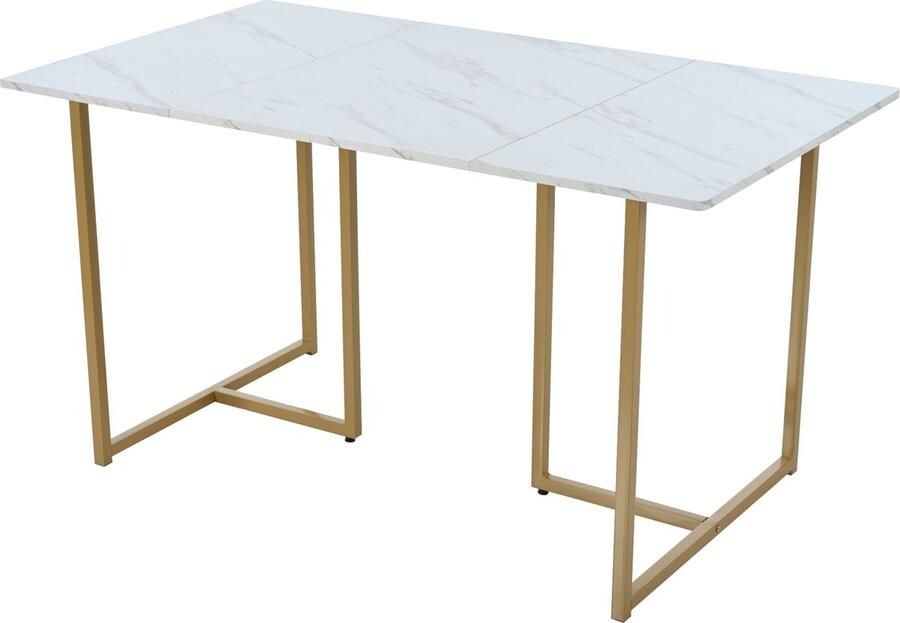 YJZQ Rechthoekige eettafel voor 4 tot 6 personen Moderne keukentafel met stijlvolle metalen poten Grote eettafels voor de eetkamer Alleen tafel (imitatie marmeren blad wit + goud) 140 * 80 * 75 cm