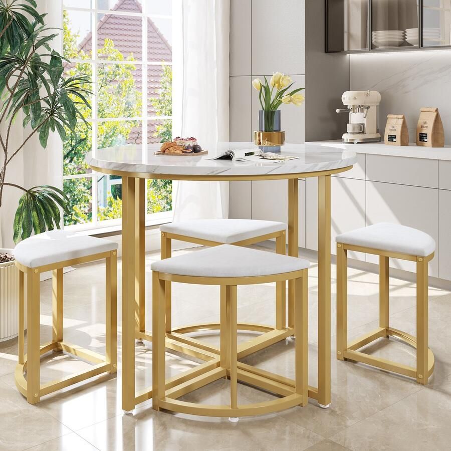 YJZQ Ronde Eetkamertafel set met vier stoelen MDF tafelblad en verguld ijzeren frame fluwelen stoel moderne luxe tafels en stoelen tafel afmeting 80cm wit