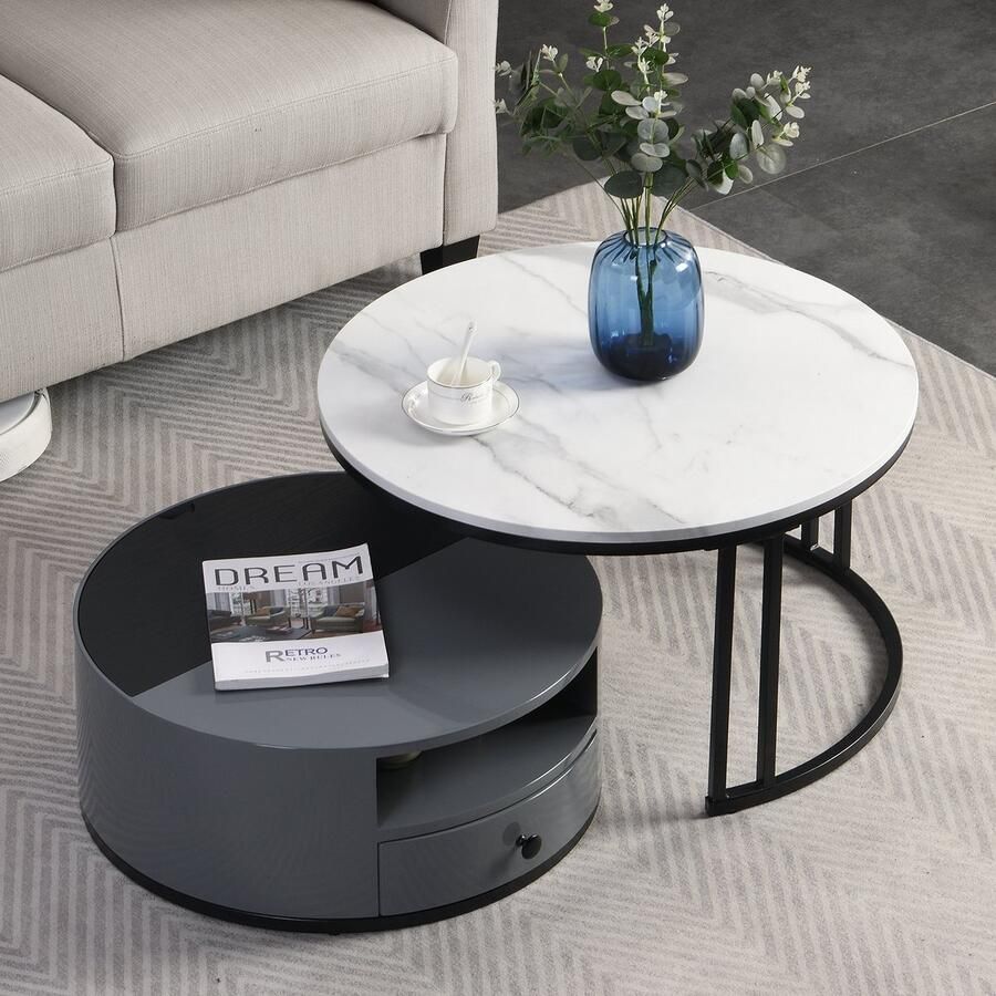 YJZQ Set van 2 bij elkaar passende salontafels met opbergruimte Zwart en grijs PVC-marmerlook Hoogglanzende ronde salontafel voor kleine woonkamer in appartement Wit en zwart Afmeting 70 cm en 60 cm