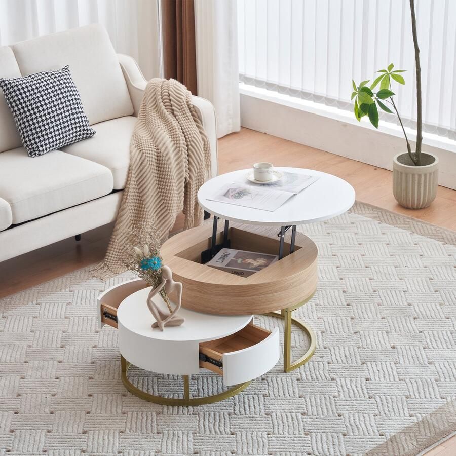 YJZQ Set van 2 Nesting Coffee Table opvouwbare ronde salontafel gouden poten bijzettafel met 2 laden afmeting 70cm en 60cm wit en natuurlijke kleur
