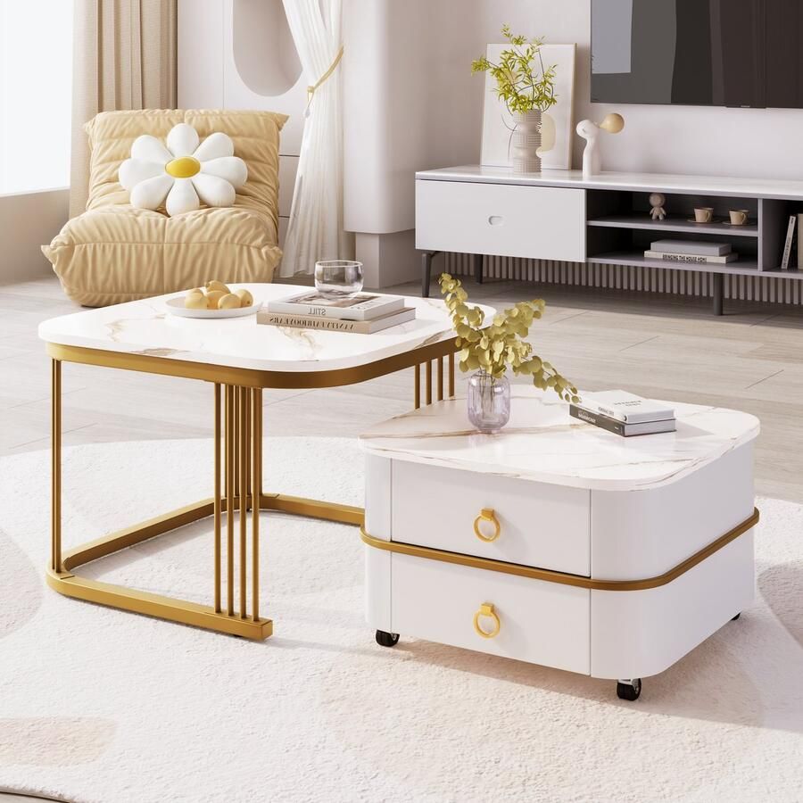 YJZQ Set van 2 Nesting Coffee Table Stapelbare vierkante salontafel hoogglans marmerlook blad gouden poten bijzettafel met 2 laden witte afmeting 60cm