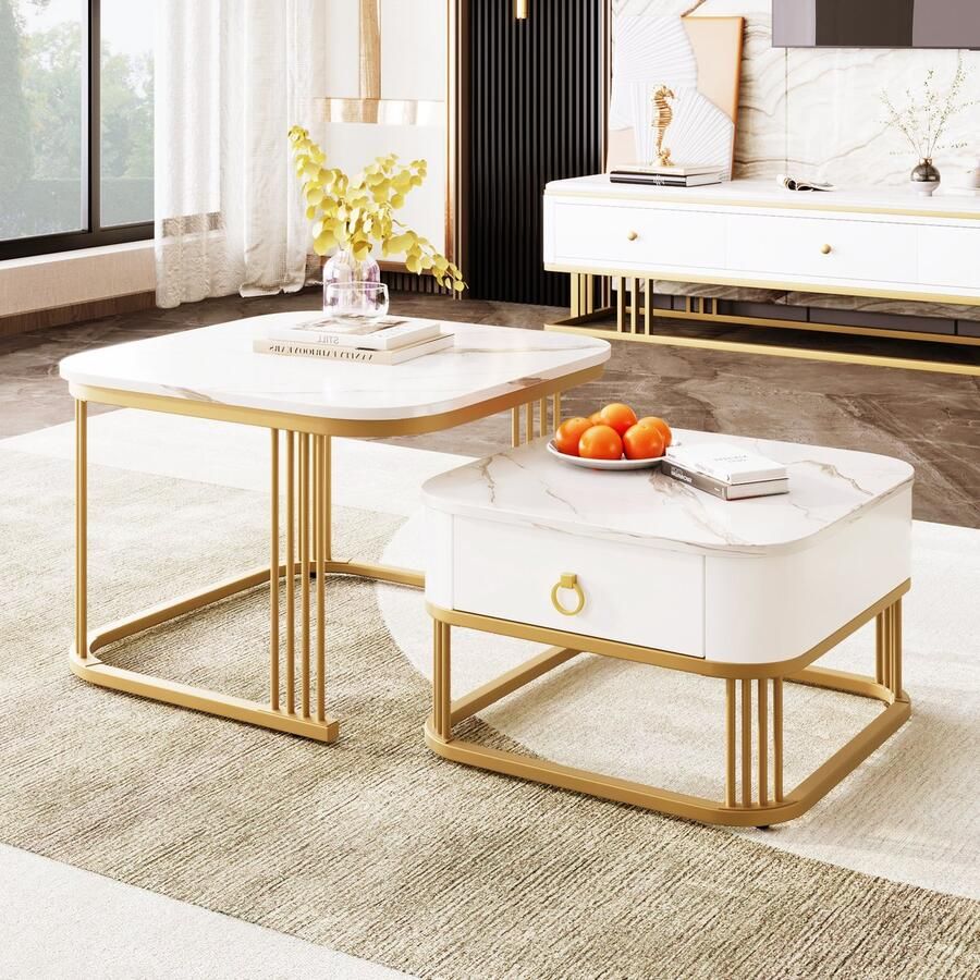 YJZQ Set van 2 Nesting Salontafel Stapelbare vierkante salontafel hoogglans marmerlook blad gouden poten bijzettafel met laden wit