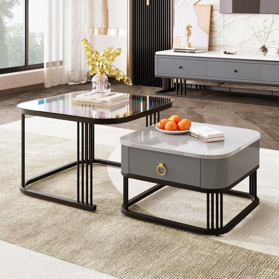 YJZQ Set van 2 Nesting Salontafel Stapelbare vierkante salontafel hoogglans marmerlook en glazen blad zwarte poten bijzettafel met lades grijs