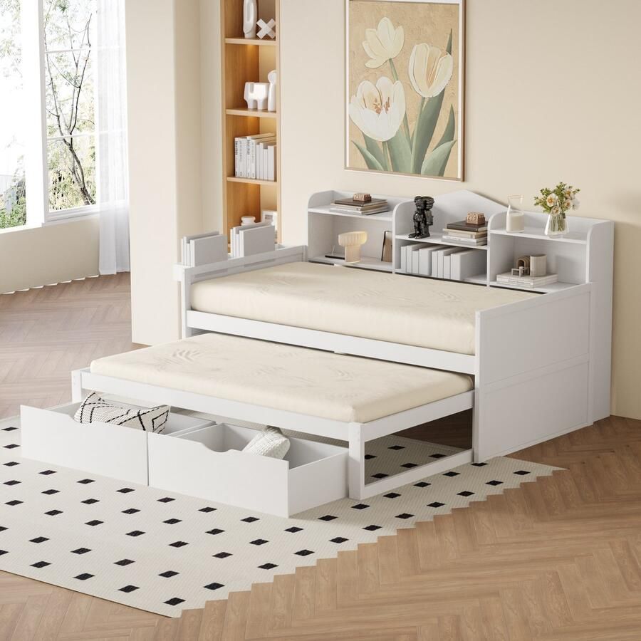 Sweiko Kinderbedje Slaapbank 90x200cm Ladebedje 90x190cm met twee lades Grote opbergdoos en mand USB aansluiting eenpersoons houten bed Wit (Geen matras)