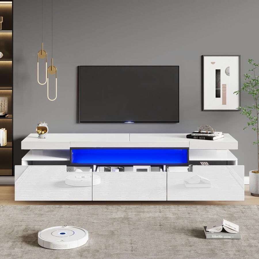 YJZQ TV-meubel met LED-verlichting Hoogglans TV-meubel met opbergruimte Modern TV-meubel 160x39x42cm Ruimte voor 70-79 inch TV's Inclusief 3 lades
