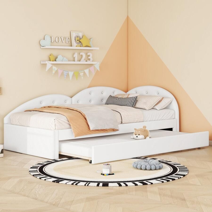 YJZQ Tweepersoons slaapbank uitgerust met uitschuifbaar bed PU-stof kinderbed wit 90*200cm