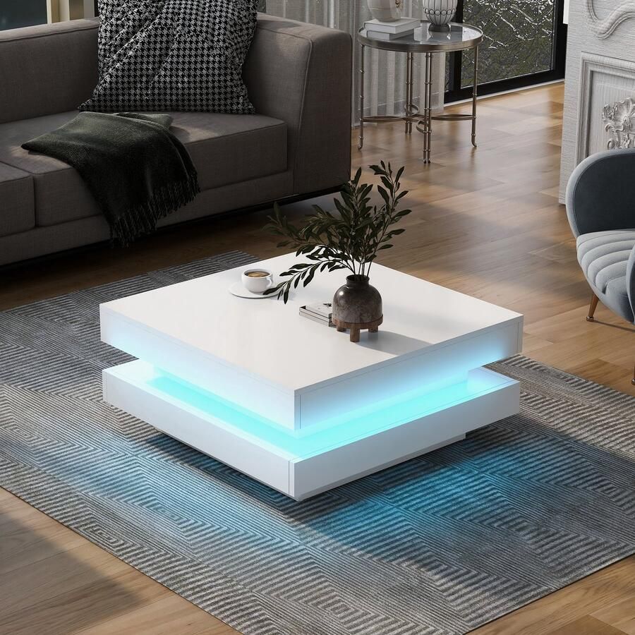 YJZQ Vierkante salontafel in wit moderne technologische stijl met 16-kleuren LED verlichting 70x70x36 cm max. lading 30 kg