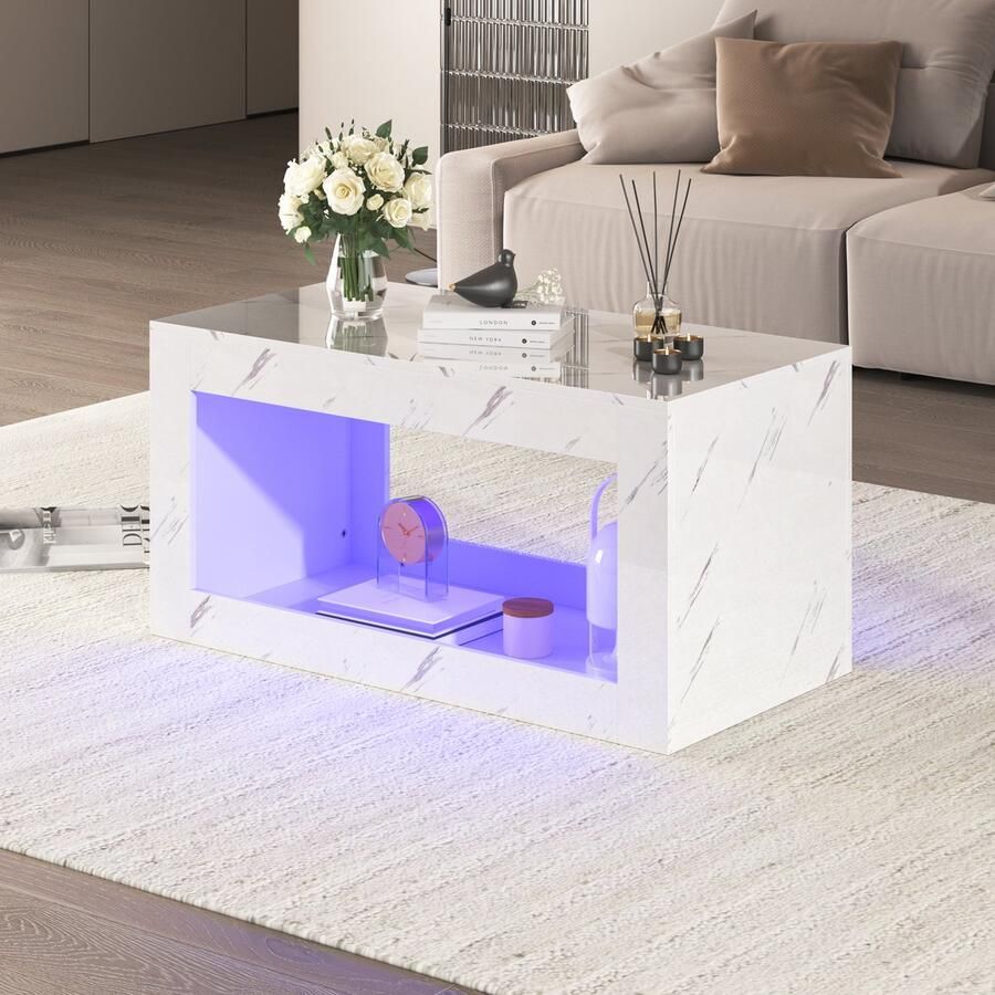 YJZQ Witte hoogglans salontafel imitatiemarmeren tafel met open opbergruimte LED-lichteffecten bestuurbaar via mobiele app