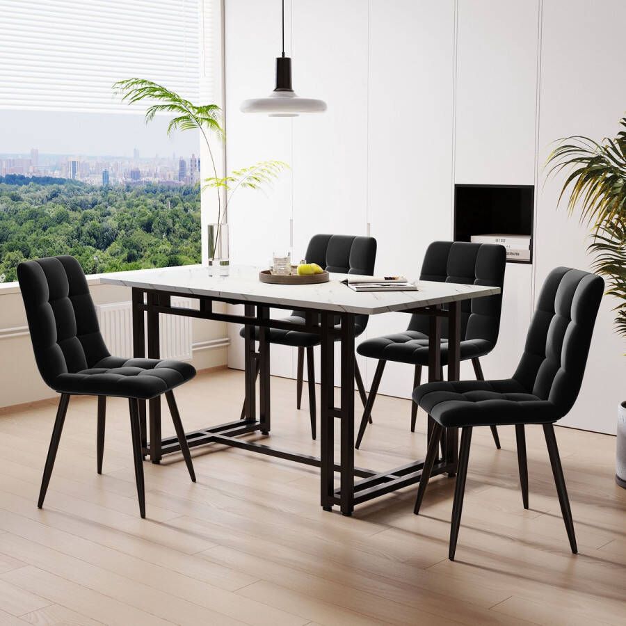 YJZQ Zwarte eettafel met 4 stoelen set 120x70cm- moderne keuken eettafel set-zwart fluwelen eetkamerstoelen-zwarte ijzeren tafel