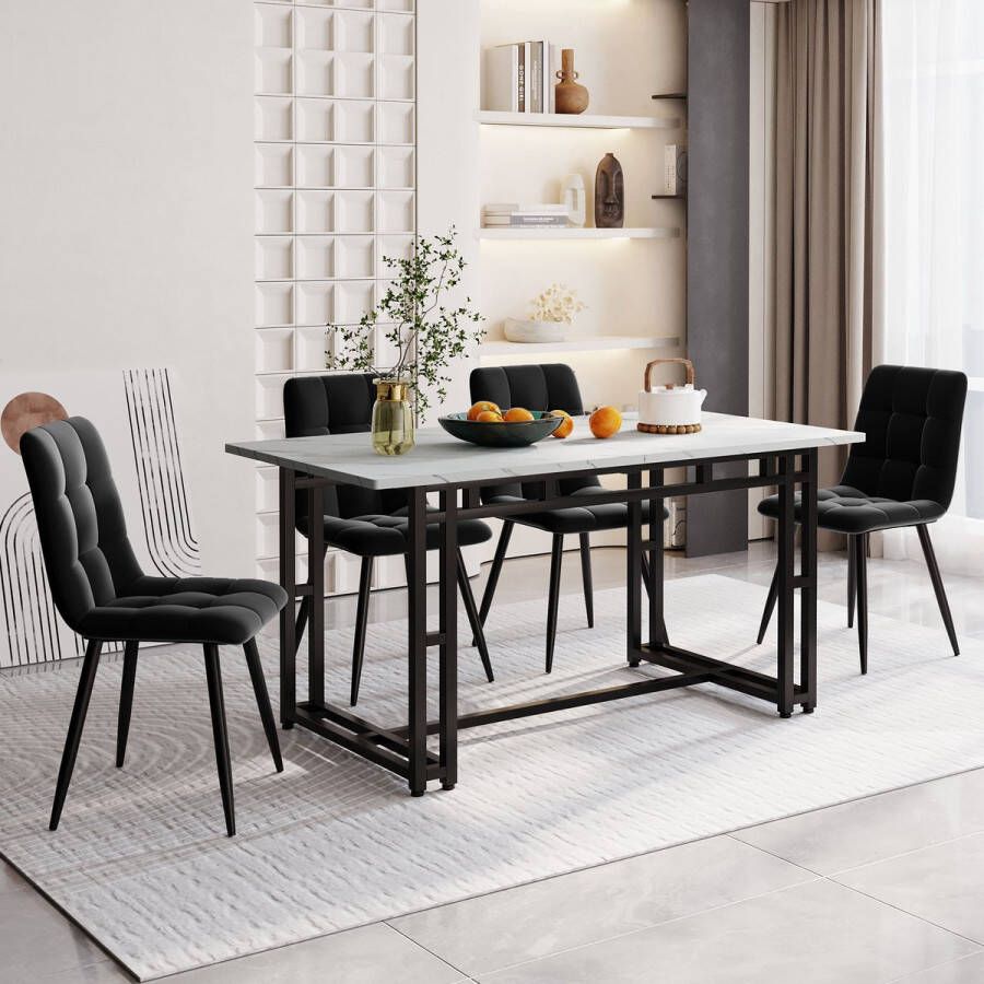 YJZQ Zwarte eettafel met 4 stoelen set 140x80cm- moderne keuken eettafel set-zwart fluwelen eetkamerstoelen-zwarte ijzeren tafel