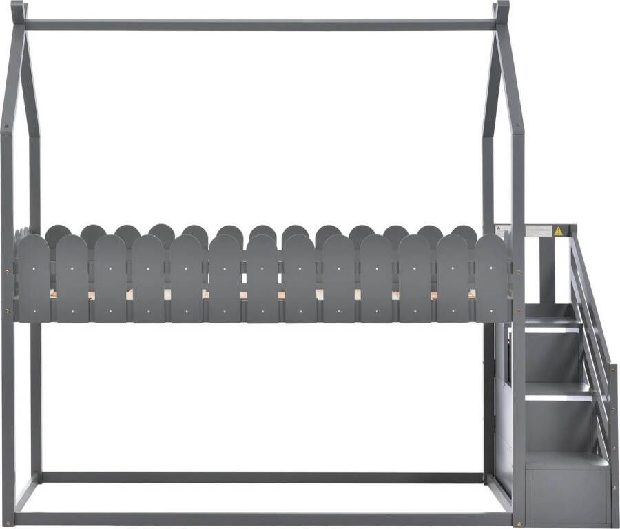 YMA Hoogslaper Bedhuis Stapelbed Kinderbed 90x200 Met Fall Out Hek Trap Met 3 Treden en 2 Lades Grijs Incl. Lattenbodem Exl. Matras