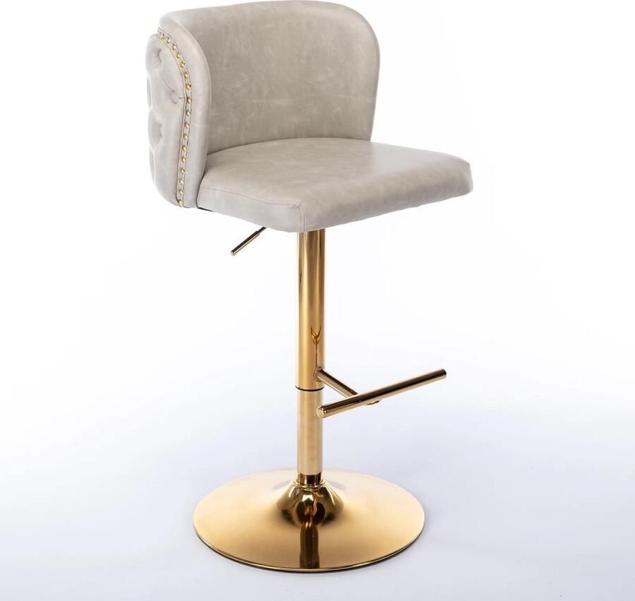 YMA Barkruk Eetkamerstoel Beige met Gouden Poten PU leer 360° Draaibaar Verstelbaar in Hoogte