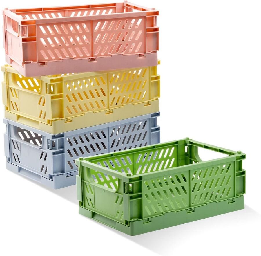 Ynkkvre -Set van 4 Opvouwbare Pastel Opbergkratjes – Kunststof Mandjes voor Bureau Keuken Badkamer Kantoor en Hobby