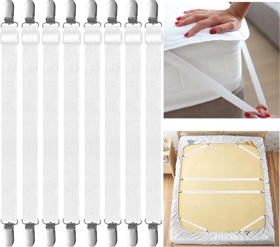 Ynkkvre Verstelbare Hoeslaken Spanners – Set van 8 Elastische Laken Spanners met Metalen Clips – Witte Lakenhouders voor Bed Matras Strijkplank of Sofa