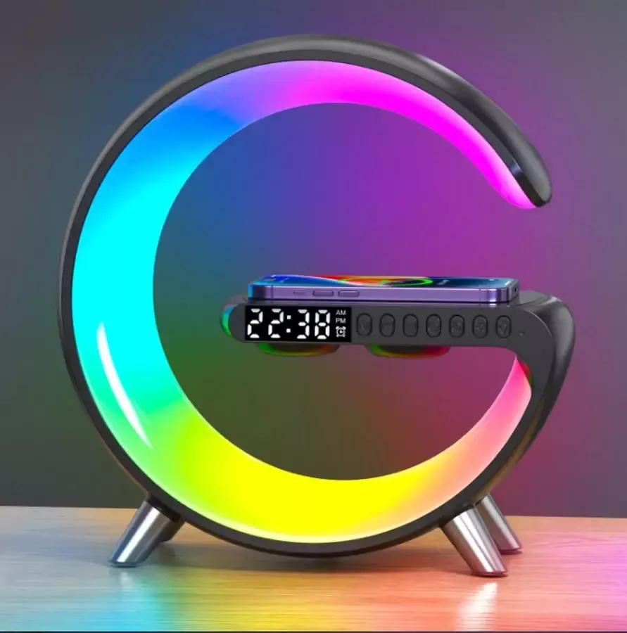 Yodatech multifunctionele wekker met APP controle sfeerverlichting bluetooth luidspreker rgb bureaulamp 15w snel draadloos opladen