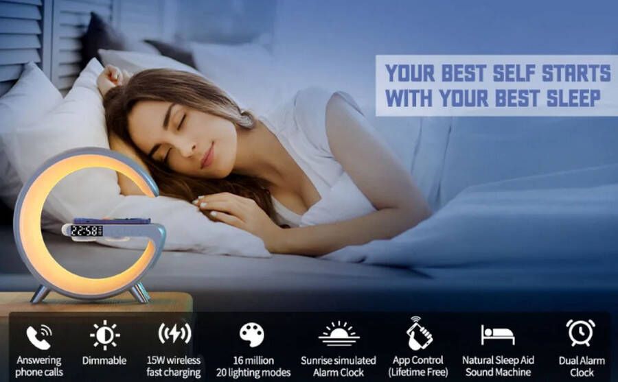 Yodatech Wake Up Light wit wakker APP Sfeerverlichting Bluetooth luidspreker Bureaulamp RGB Draadloze oplader 15 Watt Wit