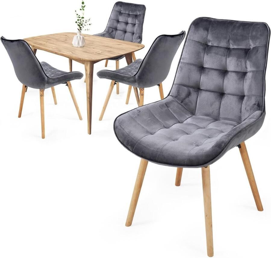 Yolo-deals Eetkamerstoelen set van 4 Donkergrijs zitting van fluweel retro