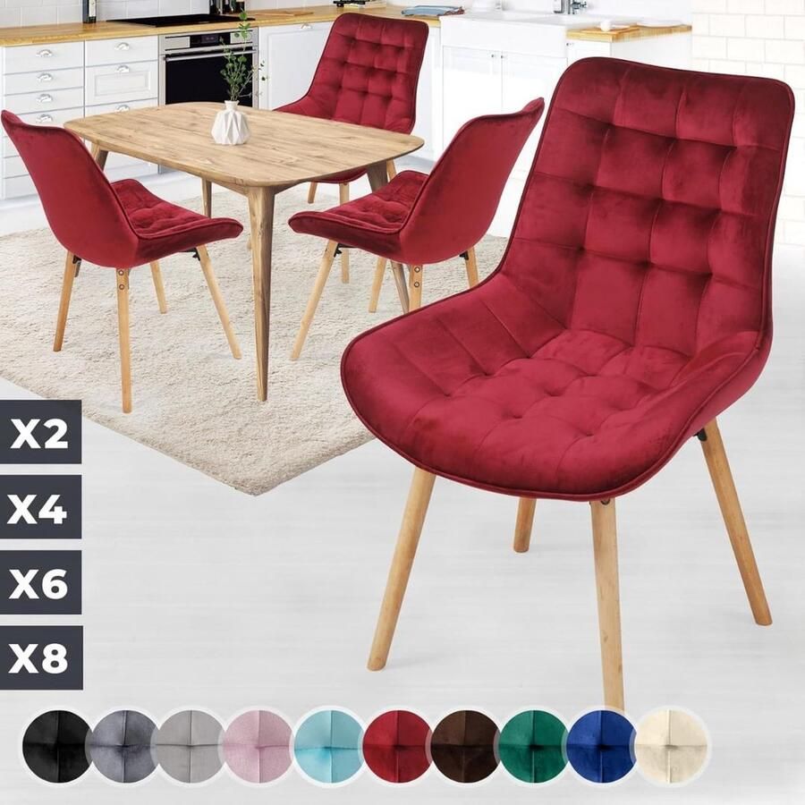 Yolo-deals Eetkamerstoelen set van 4 Donkerrood zitting van fluweel retro
