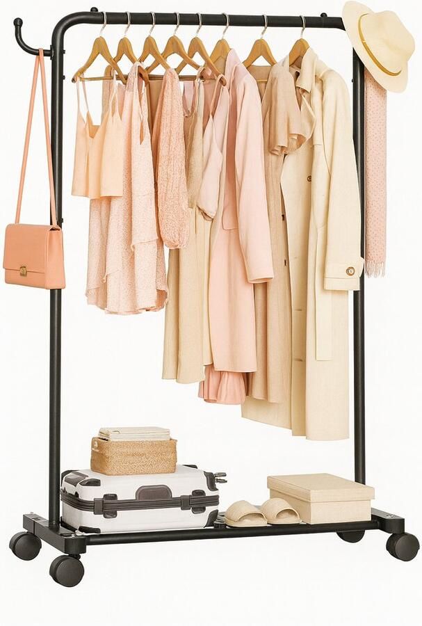 Yorbay Kledingrek op Wielen – Verstelbaar – Draagvermogen 50 kg – Met Haken & Legplank – Ruimtebesparend – Staal Metaal – Zwart – Rek
