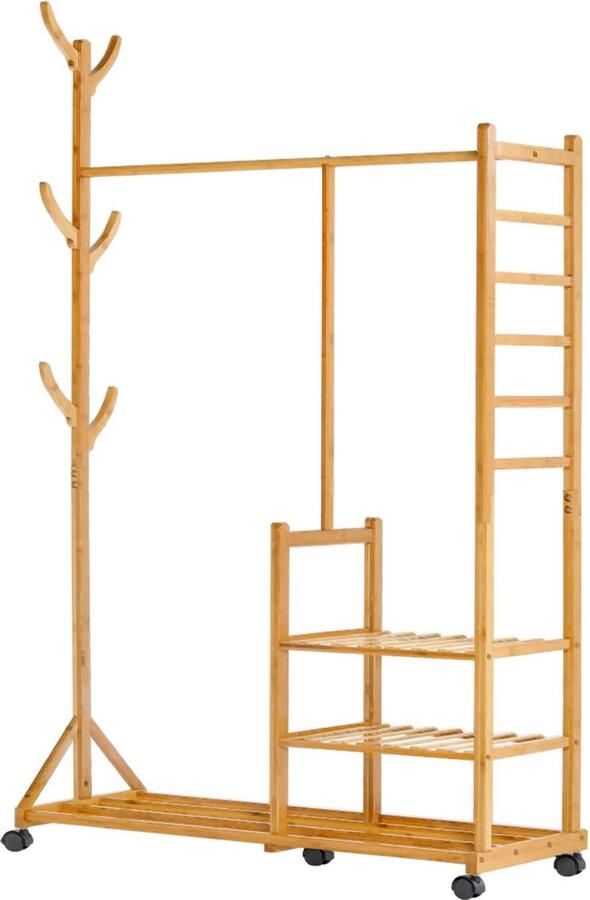 Yorbay kledingrek van bamboe 4-in-1- met kapstok aan de zijkant boomontwerp met haken 3 opbergplanken met universele wielen 38D x 100B x 176H centimeter Laadvermogen 100 kg Bamboe