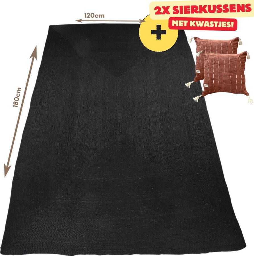 Yoshiko Home Handgemaakt Dhaka jute vloerkleed zwart 120x180cm + 2 stuks Sierkussens Celala Terracotta met kwastjes 50x50cm