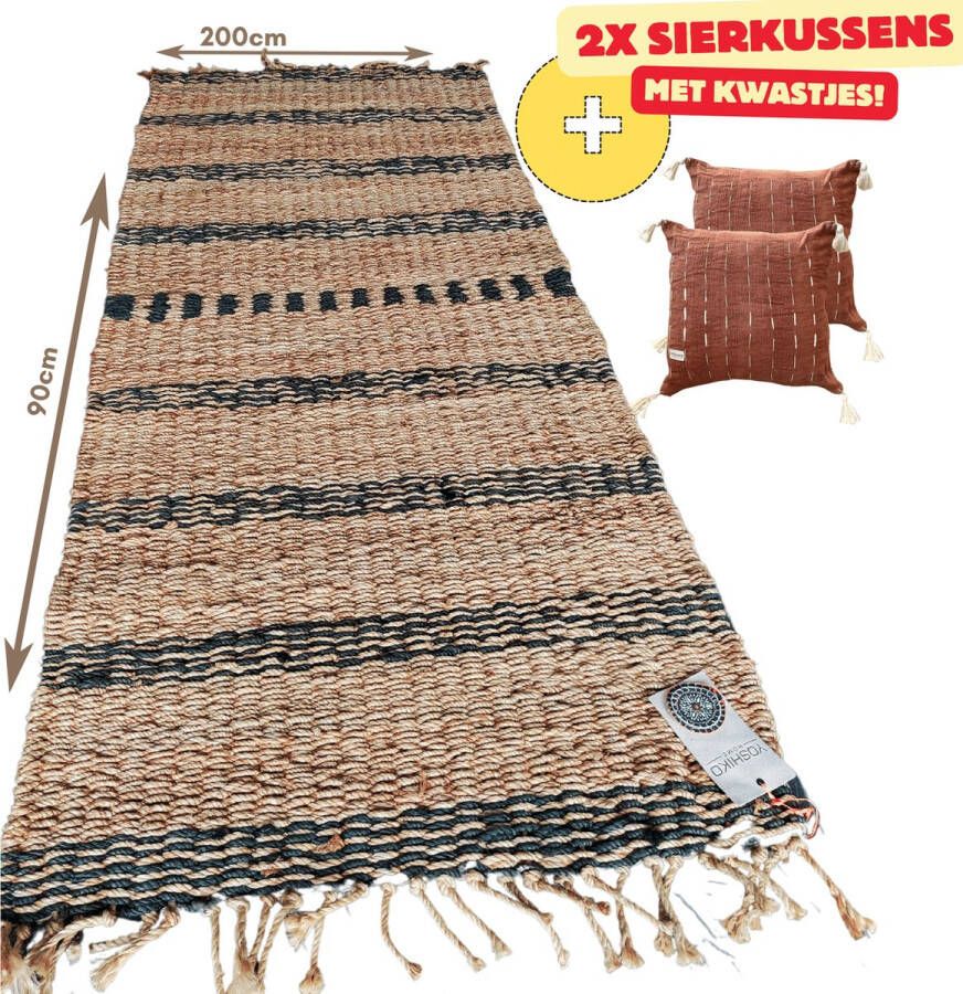 Yoshiko Home Scandinavisch Rangpur Handgemaakt Vloerkleed Naturel Antraciet 90x200cm + 2 stuks Sierkussens Celala Terracotta met kwastjes 50x50cm