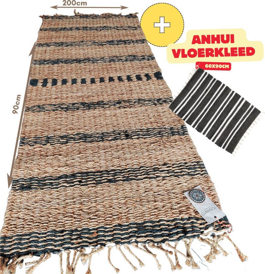 Yoshiko Home Scandinavisch Rangpur Handgemaakt Vloerkleed Naturel Antraciet 90x200cm + 2 stuks Sierkussens Celala Terracotta met kwastjes 50x50cm - Foto 2
