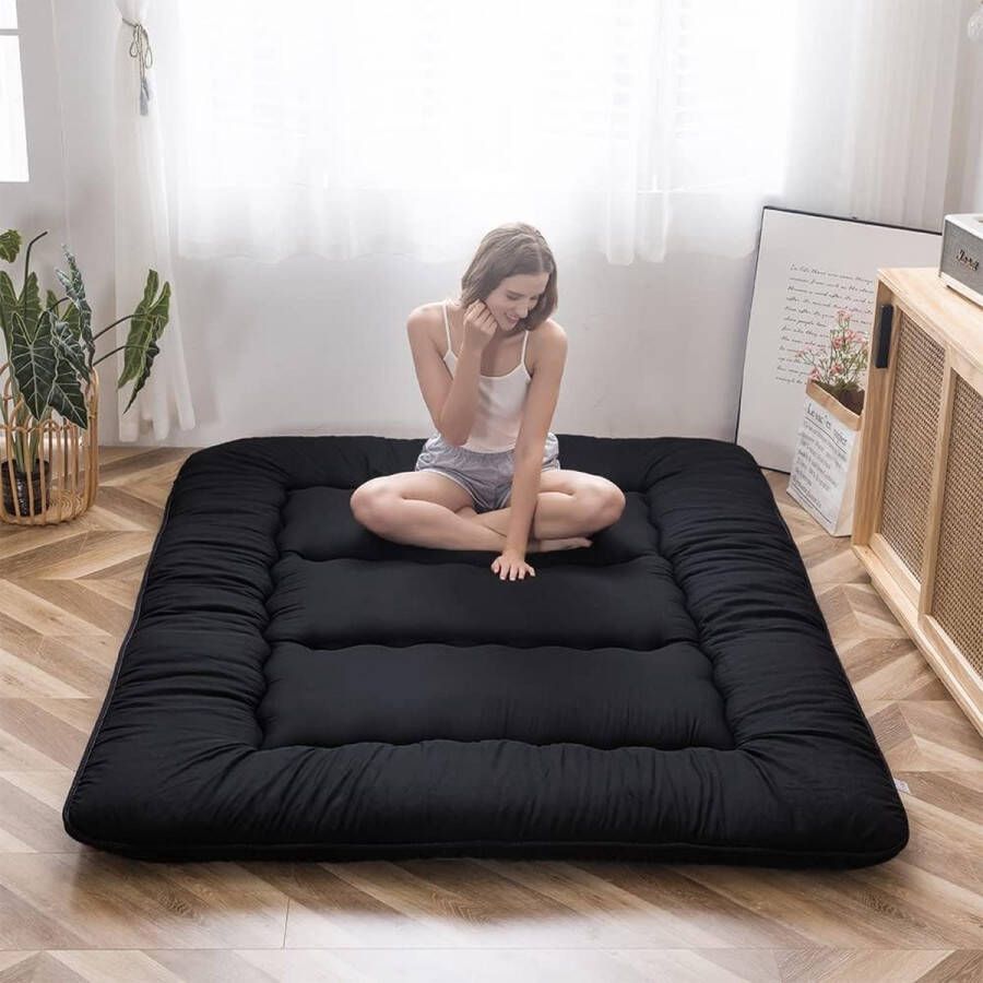 Your World Japanse vloermatras futonmatras dikkere tatami-mat slaapkussen opvouwbaar oprolbare slaapzaal ligstoel kussen bed (tweepersoons zwart)
