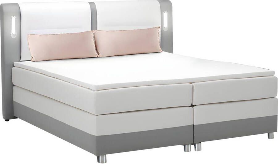 Ysmée Boxspring met hoofdeinde en LEDs + bedbodem + matras + topmatras RIMINI van DREAMEA 160x200cm Stof en kunstleer Grijs en Wit L 200 cm x H 118 cm x D 181 cm