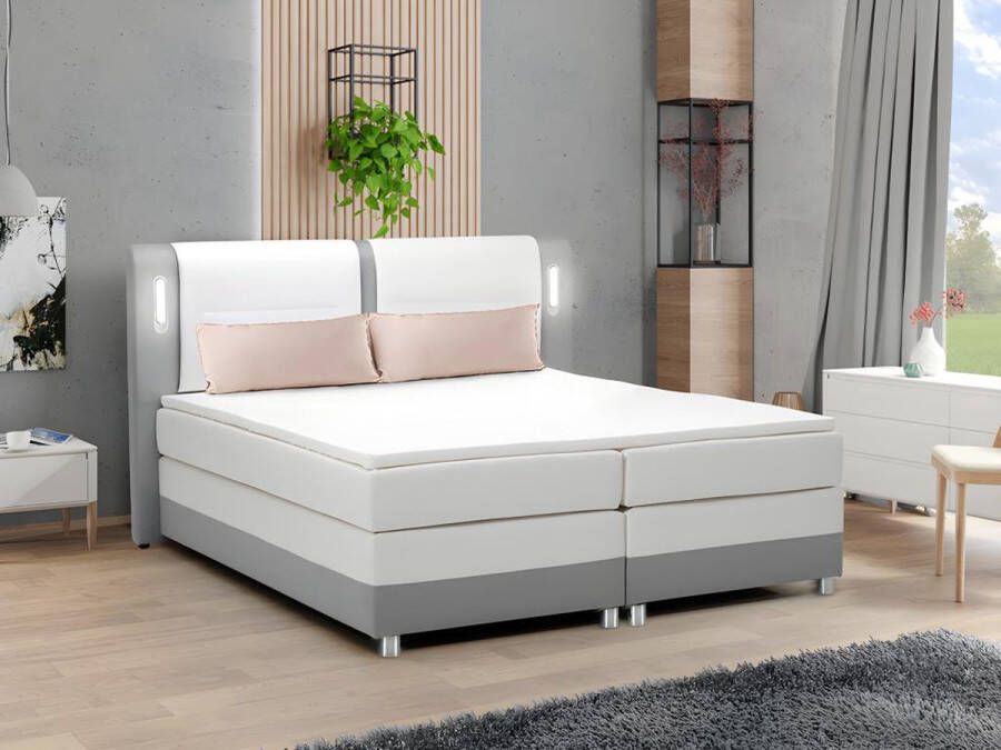 Ysmée Boxspring met hoofdeinde en LEDs + bedbodem + matras + topmatras RIMINI van DREAMEA 160x200cm Stof en kunstleer Grijs en Wit L 200 cm x H 118 cm x D 181 cm