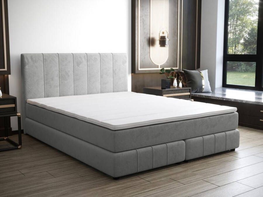 Vente-unique Complete set met boxspring en hoofdbord + bedbodem + matras + topmatras 180 x 200 cm Fluweel Lichtgrijs HIDA van YSMÉE L 207 cm x H 98 cm x D 185 cm