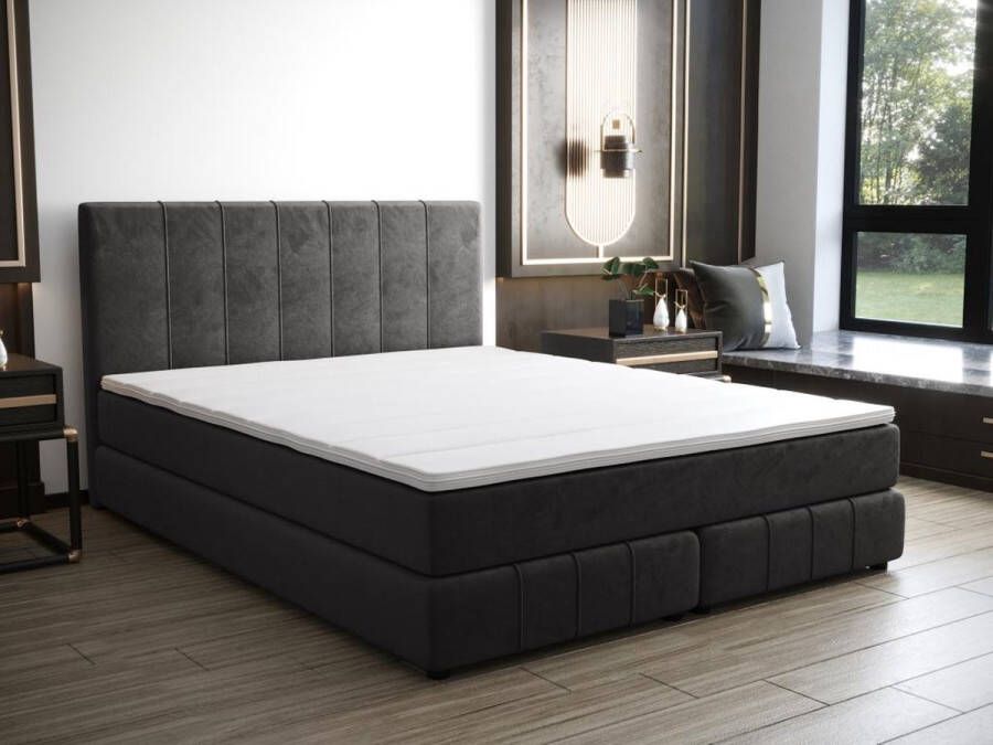 Vente-unique Complete set met boxspring en hoofdbord + bedbodem + matras + topmatras 180 x 200 cm Fluweel Donkergrijs HIDA van YSMÉE L 207 cm x H 98 cm x D 185 cm - Foto 2