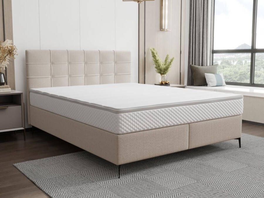 Vente-unique Complete set met boxspring en gecapitonneerd hoofdbord + bedbodem + matras + topmatras 180 x 200 cm Stof Beige INAO van YSMÉE L 207 cm x H 105 cm x D 185 cm - Foto 2