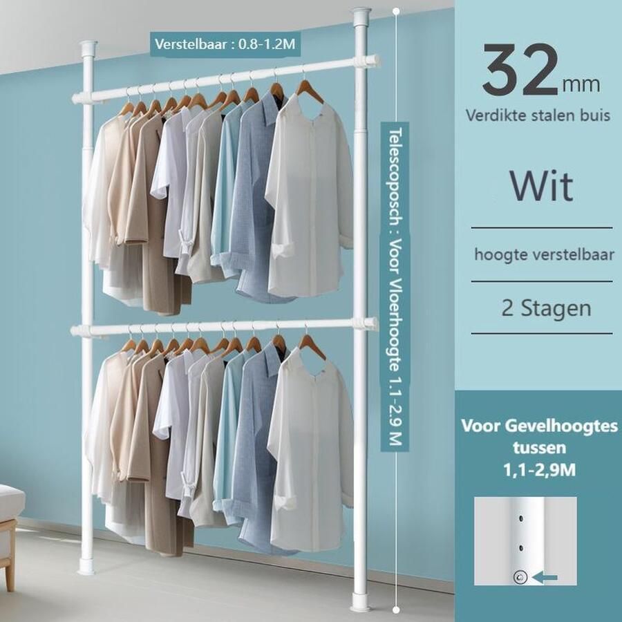 YYchan Telescopisch Kledingrek Dubbel Metaal 2 Stangen Verstelbaar B(80-120 cm)*H(110-290 cm) WIt