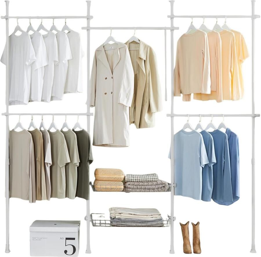 YYchan Telescopisch Kledingrek- in hoogte verstelbaar incl. opbergmanden- Garderoberek Metaal wit