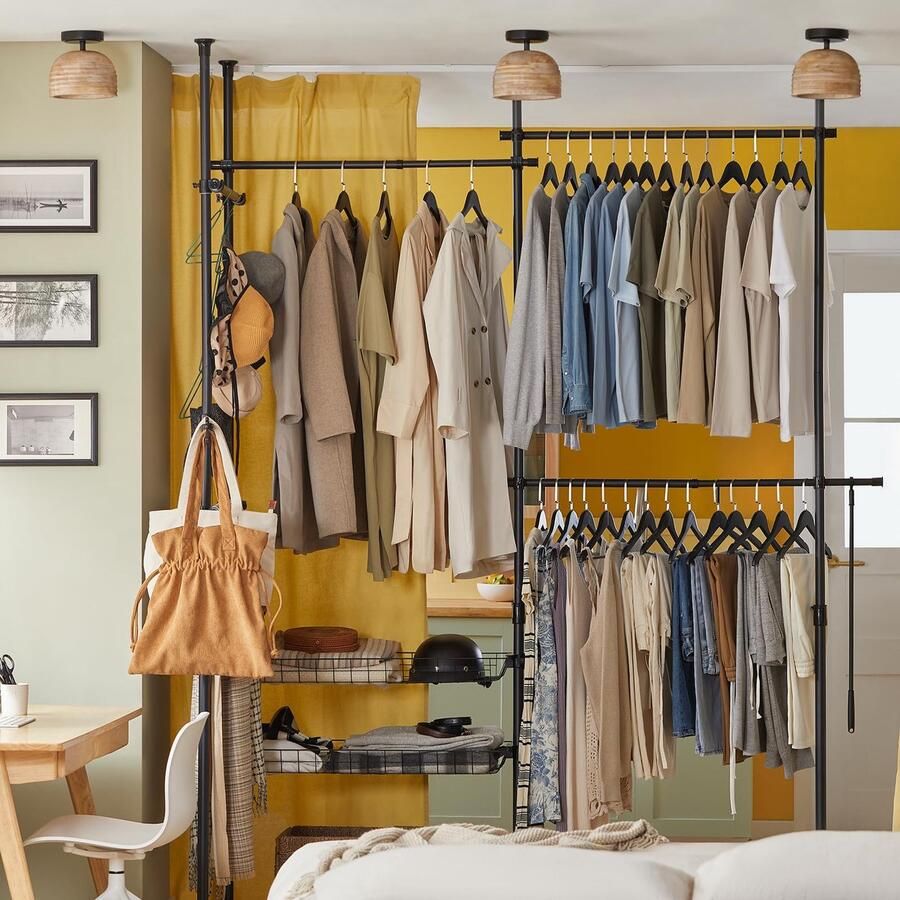 YYchan Telescopisch Kledingrek- in hoogte verstelbaar incl. opbergmanden- Garderoberek Metaal Zwart