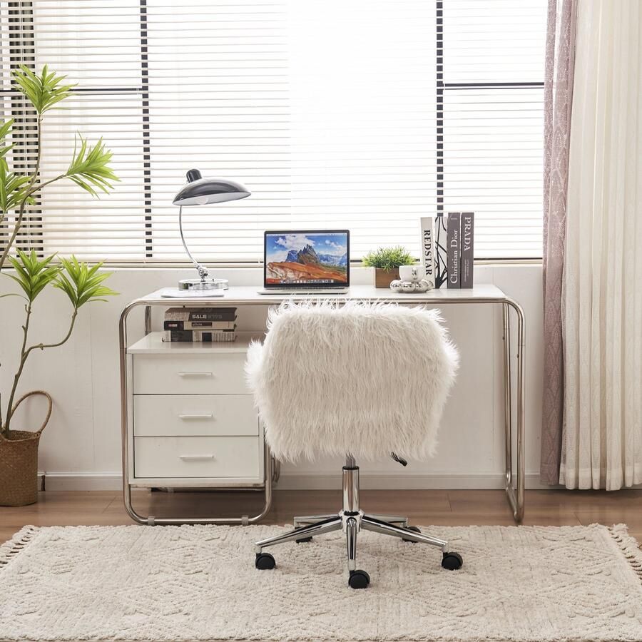 YYchan Verstelbare bureaustoel hoogte verstelbaar slijtvast kussen van imitatiebont Wit