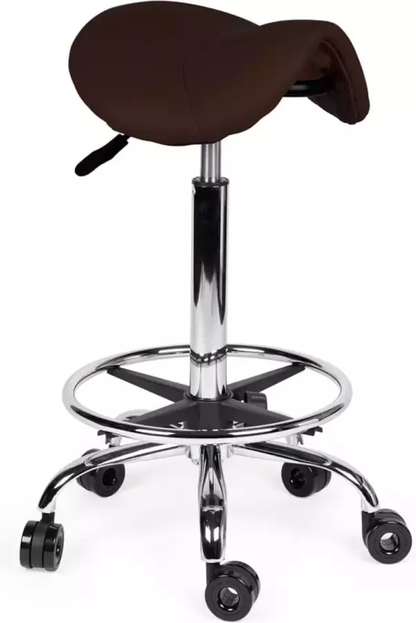 D'Romerio Kapperskruk Bruin Hoog met Voetring Wielen waar geen haren tussen kan komen Zithoogte 50 68cm kruk op wielen krukje werkkruk zadelkruk bureaukruk kapperskruk verstelbaar draaikruk tabouret zadelkruk met rugleuning tot 160kg